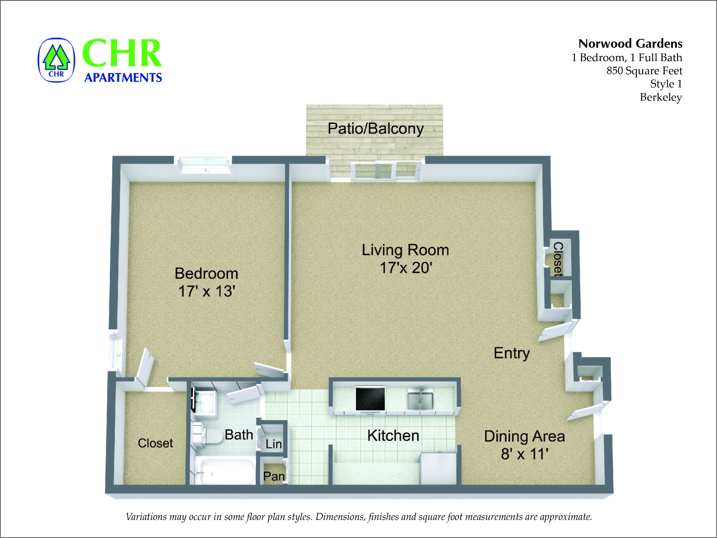 Floor plan for 1 bed, 1 bath, 850 sqft